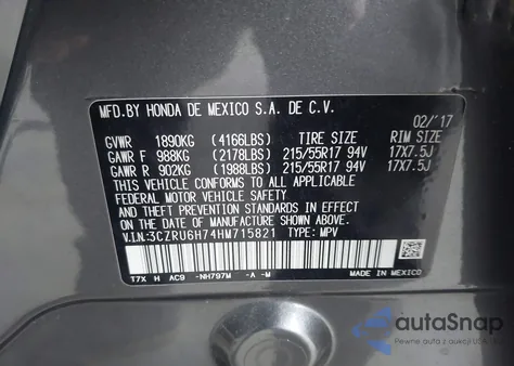 2017 Honda Hr-V Ex-L z USA, uszkodzony, nr VIN 3CZRU6H74HM715821